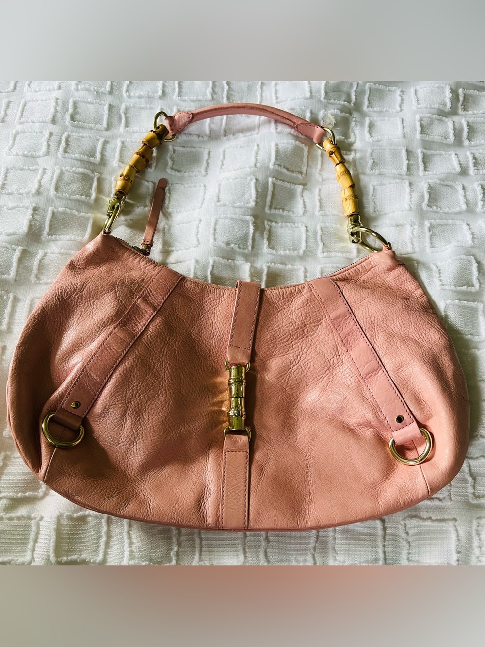 Banana‎ Republic Vintage Salmon Pink Leather Y2K 2000 Bamboo Handle Shoulder Bag